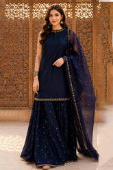 This is a Kastoor navy blue 3-piece embroidered lawn suit with a short shirt