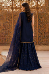 This is a Kastoor navy blue 3-piece embroidered lawn suit with a short shirt