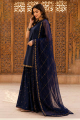 This is a Kastoor navy blue 3-piece embroidered lawn suit with a short shirt